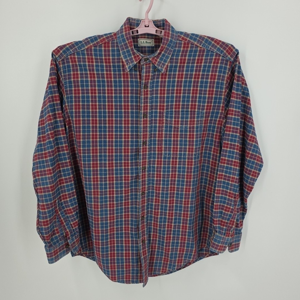L.L.‎ Bean Red Blue Brown Check L S  Medium Weight Work Shirt DL 13T (XLT)
